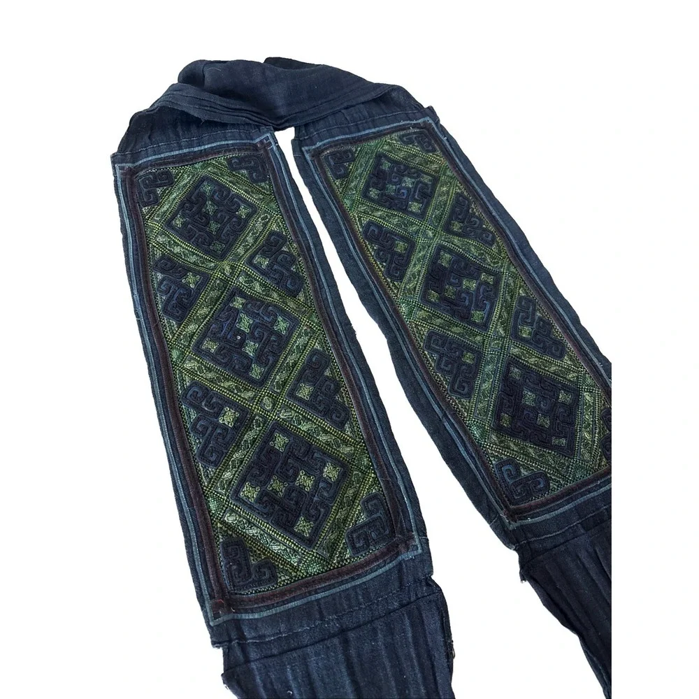 Vintage Hmong Cotton Hand Embroidered Indigo Belt with Fringe